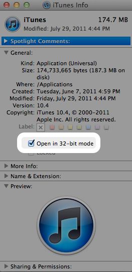 iTunes 10.4 for Mac: Older media files may require iTunes to reopen in 32-bit mode