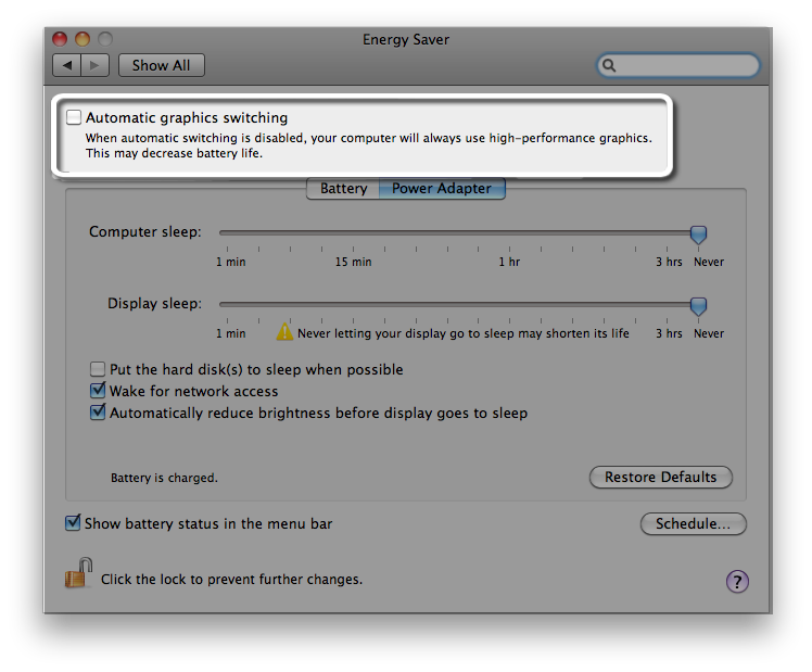 Energy Saver System Preferences pane